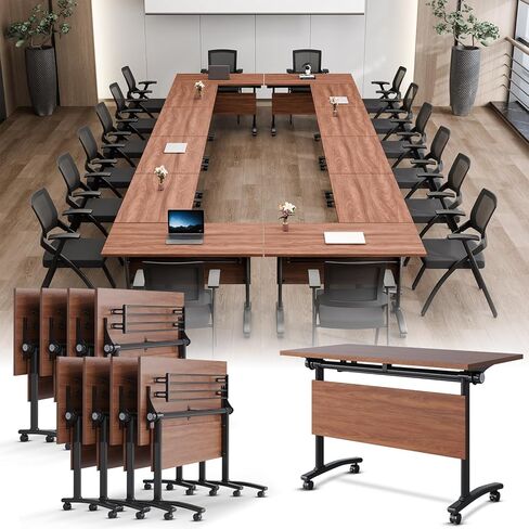Folding Conference Room Tables On Wheel -Modular Large Modern Conference Table,Stackable Flip Top Meeting Training Table,Space Saving,for Office，Seminar,Classroom(8pack,71IN,Walunt B) in Kuwait