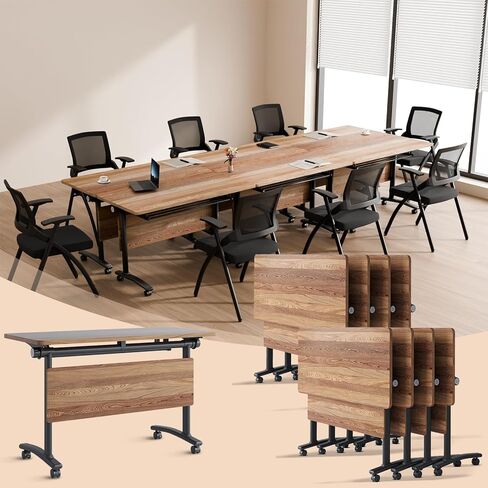 Folding Conference Room Tables On Wheel -Modular Large Modern Conference Table,Stackable Flip Top Meeting Training Table,Space Saving,for Office，Seminar,Classroom(8pack,71IN,Walunt B) in Kuwait