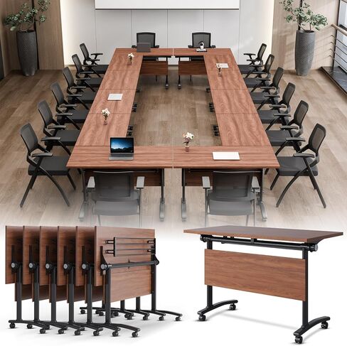 Folding Conference Room Tables On Wheel -Modular Large Modern Conference Table,Stackable Flip Top Meeting Training Table,Space Saving,for Office，Seminar,Classroom(8pack,71IN,Walunt B) in Kuwait