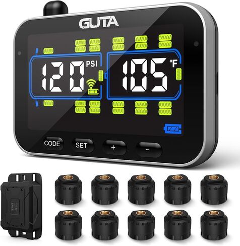 GUTA Trailer Tire Pressure Monitoring System, RV Tire Pressure Monitor with 10 Sensors, 6 Alert Modes, Signal Booster, Large Color Display, Long Sensing Distance, 0-188PSI TPMS for RV Trailer Semi in Kuwait