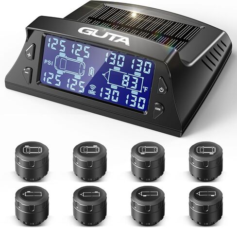 نظام مراقبة ضغط الإطارات GUTA RV، TPMS RV مع 4 أجهزة استشعار (0-188 رطل لكل بوصة مربعة)، شحن بالطاقة الشمسية، 6 أوضاع إنذار، وضع النوم التلقائي، شاشة LCD، نظام مراقبة ضغط الإطارات لـ RV/مقطورة/شبه شاحنة in Kuwait
