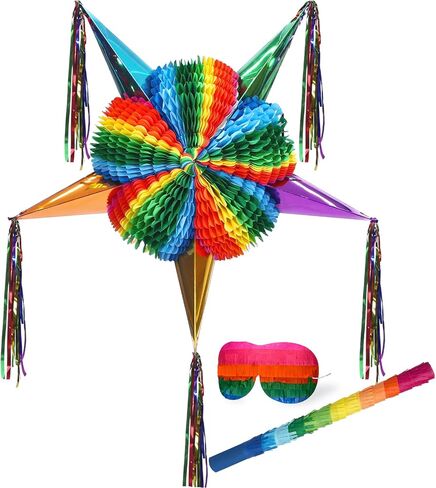 26 Inch Large Star Piñata Set with Stick Blindfold Confetti Foldable Mexican Fiesta Piñata Rainbow Honeycomb Decorations for Cinco De Mayo Birthday Party Carnival Taco Tuesday in Kuwait