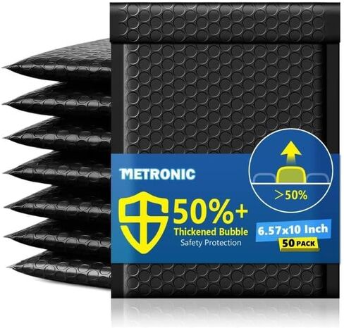 Metronic Extra Deep Bubble Mailers Usable Size 6x9" 50 Pack Padded Envelopes 6.57x10" Opaque Self Seal Adhesive Waterproof bubble envelopes Shipping Bag for CD,Jewelry,Small Business,Black,#0 in Kuwait