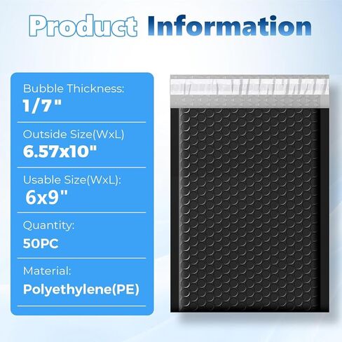 Metronic Extra Deep Bubble Mailers Usable Size 6x9" 50 Pack Padded Envelopes 6.57x10" Opaque Self Seal Adhesive Waterproof bubble envelopes Shipping Bag for CD,Jewelry,Small Business,Black,#0 in Kuwait