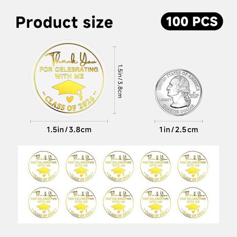100 x Class of 2026 Graduation Thank You Stickers – Gold Foil Embossed Labels for Graduation Party Favors, Envelope Seals & Decorations (1.5 Inch) in Kuwait