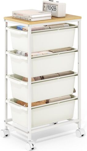 Rolling Storage Cart with 3 Drawers, Craft Organizer, Wooden Tabletop Utility Cart for Bedroom, Children's Room and Office Organization, Under Desk Trolley with Lockable Wheels,White in Kuwait