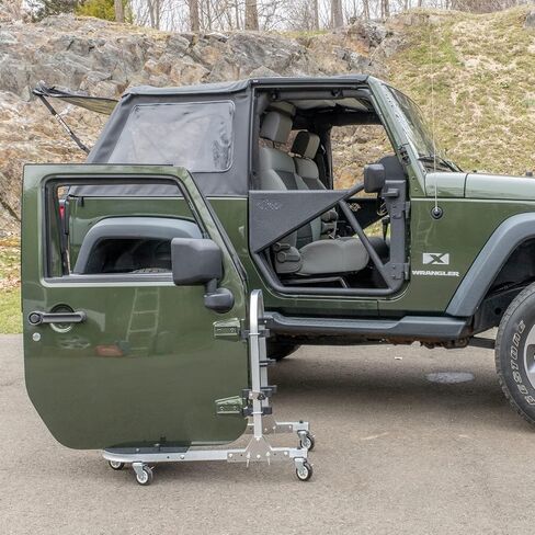 عربة باب دوارة قابلة للطي بأربعة أبواب من الألومنيوم والفضة EZ4X4، حامل حامل رف باب التخزين يناسب جيب® رانجلر JL JLU JK JKU TJ YJ وGladiator JT الحاصل على براءة اختراع in Kuwait