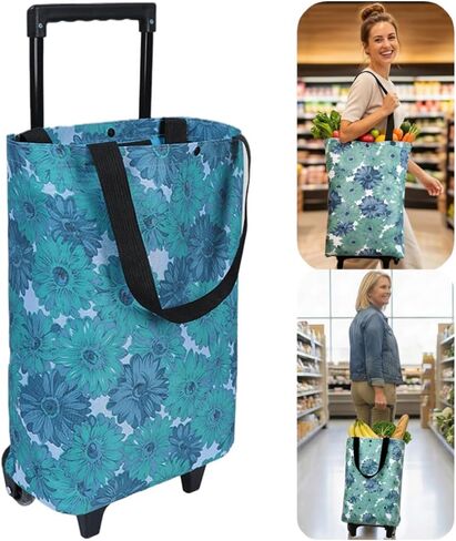 Rolling Shopping Bag, Small Shopping Cart with Wheels,Collapsible Portable Waterproof Tote for Market & Grocery Runs–Gift for Women & Seniors (Flower) in Kuwait