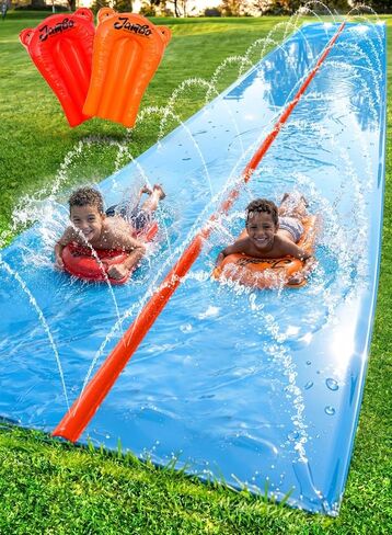 JAMBO 40FT Mega Slip Splash and Slide مع مرش أحمر و2 لوح جسم | لعبة مائية منزلق مائي في الفناء الخلفي للأطفال مع رشاش | حصيرة سبلاش، وسادة، لعبة صيفية مزدوجة المسار in Kuwait