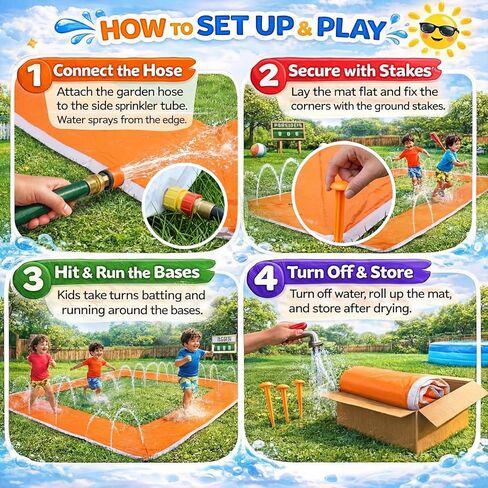 Jenaai Baseball Water Slide Set 13 ft Water Slide Game Toys for Kids Summer Outdoor Backyard with Fixed Piles Baseball Bat & Ball CPC Certified in Kuwait