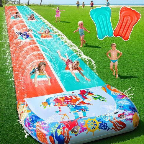 46FT Double Slip and Water Slides for Kids Adults Backyard, Extra Long Lawn Water Slides with 2 Bodyboards, Heavy Duty, Giant Inflatable Water Slip Toys with Crash Pad for Summer Outdoor Party in Kuwait