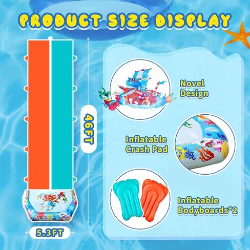 46FT Double Slip and Water Slides for Kids Adults Backyard, Extra Long Lawn Water Slides with 2 Bodyboards, Heavy Duty, Giant Inflatable Water Slip Toys with Crash Pad for Summer Outdoor Party in Kuwait