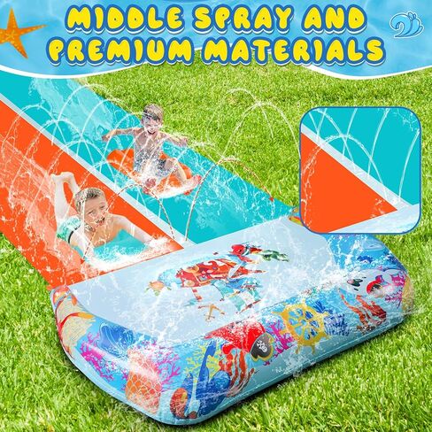 46FT Double Slip and Water Slides for Kids Adults Backyard, Extra Long Lawn Water Slides with 2 Bodyboards, Heavy Duty, Giant Inflatable Water Slip Toys with Crash Pad for Summer Outdoor Party in Kuwait