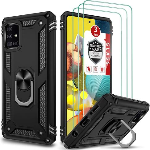 Samsung Galaxy A51 Case, Galaxy A51 5G Case with 3X Tempered Glass Screen Protector, Built-in Ring Kickstand and Magnetic Car Mount Shockproof Dropproof Military Grade Armor Rugged Case, Black in Saudi Arabia