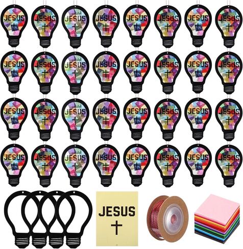 FunooFuno 24 Sets VBS Craft DIY Jesus Light Kit Illumination Theme Christian Suncatcher Crafts Light Bulb Cross Stained Glass Window Art for Sunday School 2026 VBS DIY Activity in Kuwait