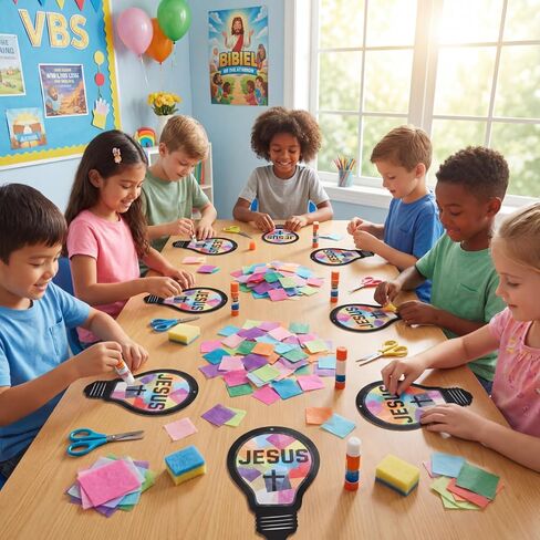 FunooFuno 24 Sets VBS Craft DIY Jesus Light Kit Illumination Theme Christian Suncatcher Crafts Light Bulb Cross Stained Glass Window Art for Sunday School 2026 VBS DIY Activity in Kuwait