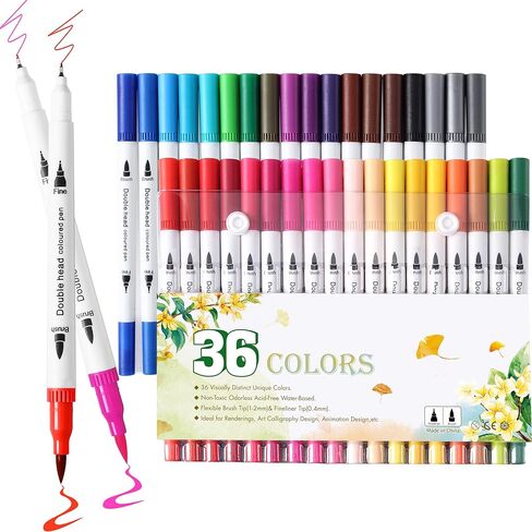 Upanic 36 Brush Markers for Adult Coloring Books,Office Markers for Adults Lettering,Dual Tip Brush Pens for Drawing,Colored Pens for Art,Journal Planner,Doodle,Brush&Fine Marker for Teen Girl Gifts in Kuwait