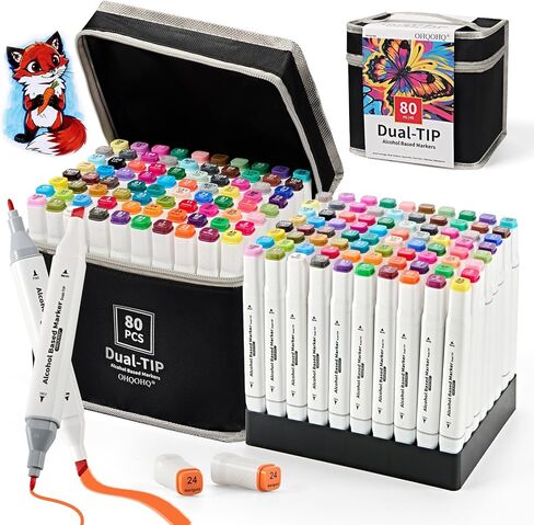 Alcohol Markers Set 80 Colors, Dual Tip Art Markers Alcohol Based, Chisel & Fine Tip Coloring Markers for Adult Coloring Books, Sketching, Drawing, Illustration, Art Supplies in Kuwait