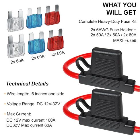 Inline Blade Maxi Fuse Holder, 6 AWG 2 Pack with 2pcs 50A /60A/80A Maxi Blade Fuses, Flip-Up Cover, for Automotive Electrical Systems in Kuwait