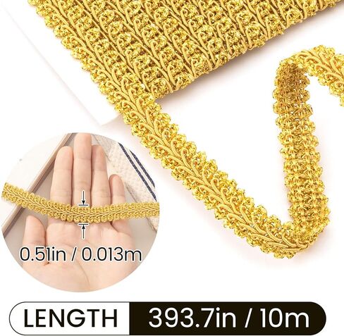 OIIKI 10.93 Yards Gold Lace Fabric Trim for Sewing, 0.51" Gold Braided Trims, Polyester Woven Sewing Decorative Trim for Curtains DIY Crafts Wedding Costume Decoration in Kuwait