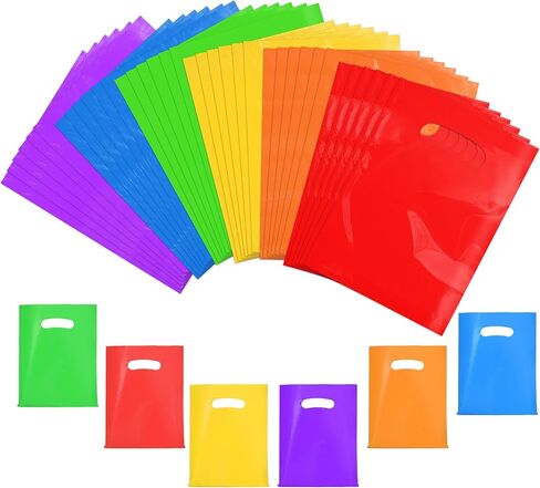 Plastic Party Favor Small Gift Bags, 100 PCS 6" x 8" Goodie Bags for Kids, Candy Treat Pouches Bulk with Handle for Kids' Birthday Party, Thanksgiving, Christmas, Halloween, 10 Colors in Kuwait
