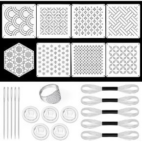 24 Pcs Sashiko Stencil Kit, 8Pcs 4.7 x 4.7 Inch Geometric Pattern Sashiko Stencil 1Pcs Thimble and 5Pcs Finger Cots 5Pcs Needles 5Thread for Hand Quilting Sewing and Mending Crafts in Kuwait