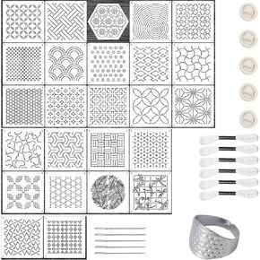25 Pcs Plastic Sashiko Stencil Kit 4.7 x 4.7 Inch, Geometric Sashiko Template Embroidery Patterns for Fabric Painting Hand Sewing Quilting Stencils with Sashiko Thimble Needles Thread Set in Kuwait