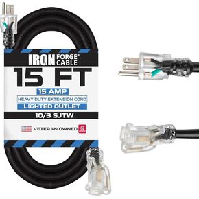 IRON FORGE CABLE سلك تمديد خارجي 50 قدمًا - سلك تمديد 10 قياس 15 أمبير، 10/3 كابل تمديد شديد التحمل SJTW سلك تمديد طاقة أصفر مقاوم للطقس مع نهاية مضاءة 3 شقوق - 125 فولت 1875 وات in Kuwait