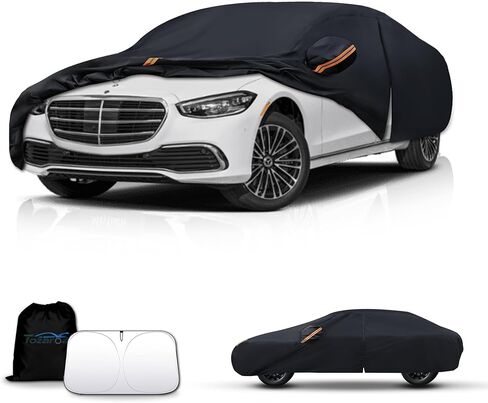 Waterproof Car Cover All-Weather, Heavy-Duty Outdoor Full Exterior Automobiles Snow Cover for Sedan 204-208 inch with Sun Visor,Zippered & Storage Bag - Black in Kuwait