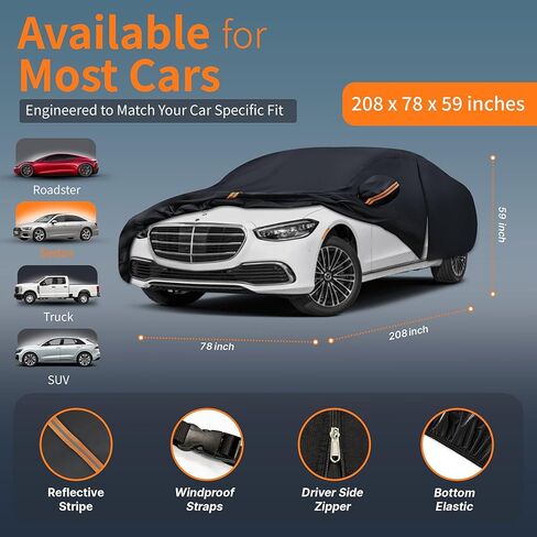 Waterproof Car Cover All-Weather, Heavy-Duty Outdoor Full Exterior Automobiles Snow Cover for Sedan 204-208 inch with Sun Visor,Zippered & Storage Bag - Black in Kuwait