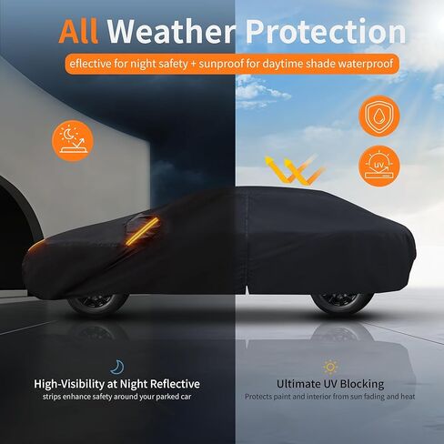 Waterproof Car Cover All-Weather, Heavy-Duty Outdoor Full Exterior Automobiles Snow Cover for Sedan 204-208 inch with Sun Visor,Zippered & Storage Bag - Black in Kuwait