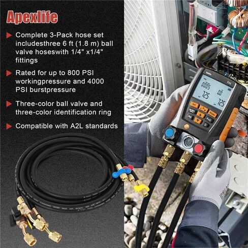 مجموعة خرطوم تبريد بصمام كروي A2L مقاس 1/4 بوصة - خراطيم HVAC شديدة التحمل بطول 6 أقدام - محولات لليد اليسرى 45 درجة و180 درجة + تجعيد ثلاثي - مشفر ثلاثي الألوان لـ R-1234yf R-32 R-454B R-410A R-134A (3 قطع) in Kuwait