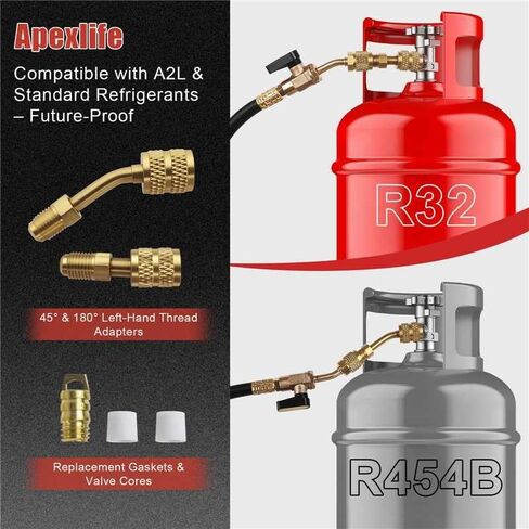 مجموعة خرطوم تبريد بصمام كروي A2L مقاس 1/4 بوصة - خراطيم HVAC شديدة التحمل بطول 6 أقدام - محولات لليد اليسرى 45 درجة و180 درجة + تجعيد ثلاثي - مشفر ثلاثي الألوان لـ R-1234yf R-32 R-454B R-410A R-134A (3 قطع) in Kuwait