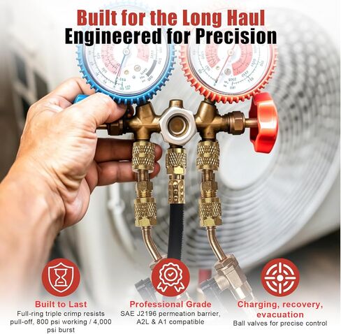 مجموعة خرطوم تبريد بصمام كروي A2L مقاس 1/4 بوصة - خراطيم HVAC شديدة التحمل بطول 6 أقدام - محولات لليد اليسرى 45 درجة و180 درجة + تجعيد ثلاثي - مشفر ثلاثي الألوان لـ R-1234yf R-32 R-454B R-410A R-134A (3 قطع) in Kuwait
