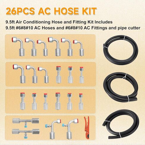 26PCS 9.5ft Air Conditioning Hose and Fitting Kit 9.5ft Air Conditioning Hose and Fitting Kit Includes 9.5ft #6#8#10 AC Hoses and #6#8#10 AC Fittings and Pipe Cutter in Kuwait