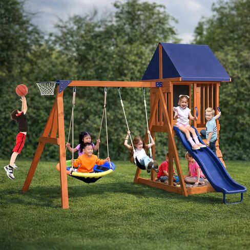 Sportspower Applewood Cedar Wooden Swing Set, Double A-Frame with 32″ 2-Person Saucer Swing & Sling Swing, 6ft Wavy Slide, Covered Play Fort with Rock Wall, Chalkboard, Sandbox Area & Basketball Hoop in Kuwait