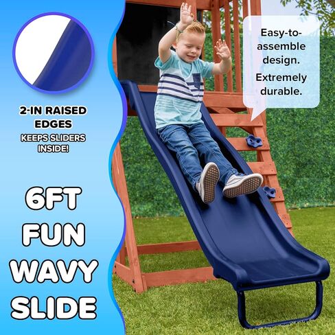 Sportspower Applewood Cedar Wooden Swing Set, Double A-Frame with 32″ 2-Person Saucer Swing & Sling Swing, 6ft Wavy Slide, Covered Play Fort with Rock Wall, Chalkboard, Sandbox Area & Basketball Hoop in Kuwait