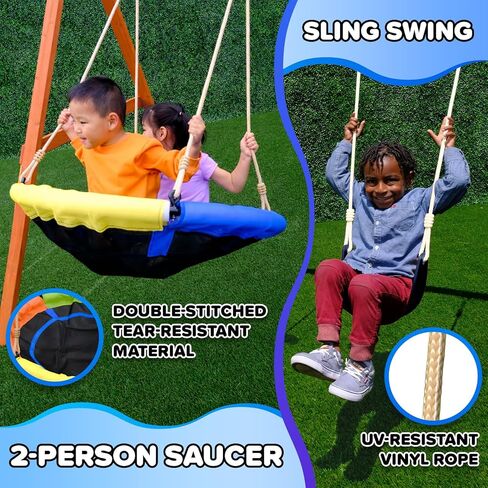 Sportspower Applewood Cedar Wooden Swing Set, Double A-Frame with 32″ 2-Person Saucer Swing & Sling Swing, 6ft Wavy Slide, Covered Play Fort with Rock Wall, Chalkboard, Sandbox Area & Basketball Hoop in Kuwait