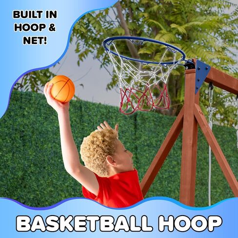Sportspower Applewood Cedar Wooden Swing Set, Double A-Frame with 32″ 2-Person Saucer Swing & Sling Swing, 6ft Wavy Slide, Covered Play Fort with Rock Wall, Chalkboard, Sandbox Area & Basketball Hoop in Kuwait