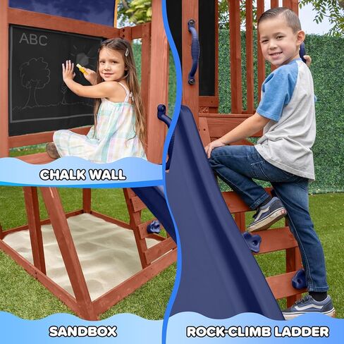 Sportspower Applewood Cedar Wooden Swing Set, Double A-Frame with 32″ 2-Person Saucer Swing & Sling Swing, 6ft Wavy Slide, Covered Play Fort with Rock Wall, Chalkboard, Sandbox Area & Basketball Hoop in Kuwait