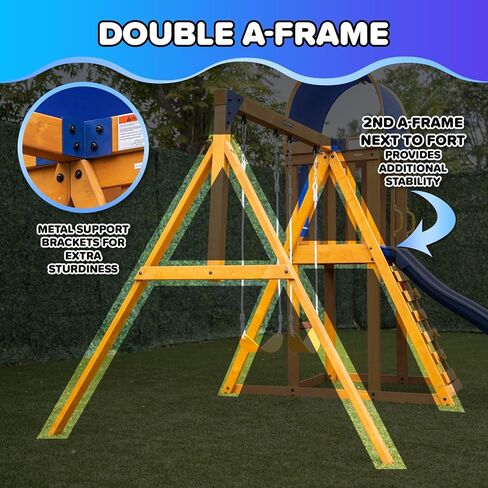 Sportspower Applewood Cedar Wooden Swing Set, Double A-Frame with 32″ 2-Person Saucer Swing & Sling Swing, 6ft Wavy Slide, Covered Play Fort with Rock Wall, Chalkboard, Sandbox Area & Basketball Hoop in Kuwait