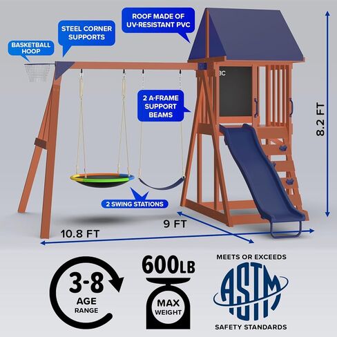 Sportspower Applewood Cedar Wooden Swing Set, Double A-Frame with 32″ 2-Person Saucer Swing & Sling Swing, 6ft Wavy Slide, Covered Play Fort with Rock Wall, Chalkboard, Sandbox Area & Basketball Hoop in Kuwait