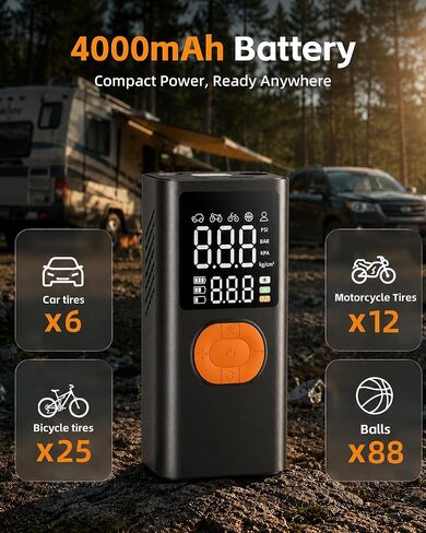 Tire Inflator Portable Air Compressor for Car Tires, 150 PSI Cordless Portable Air Compressor with Digital Pressure Gauge, Auto Shut-Off, LED Emergency Light for Roadside Emergencies in Kuwait
