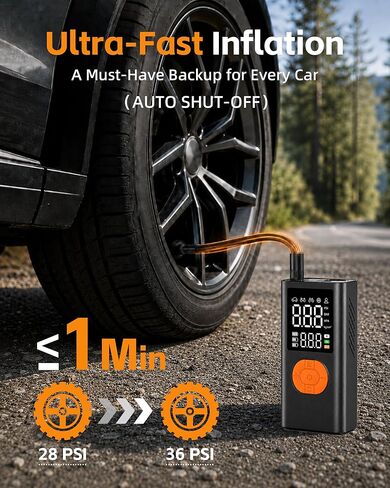 Tire Inflator Portable Air Compressor for Car Tires, 150 PSI Cordless Portable Air Compressor with Digital Pressure Gauge, Auto Shut-Off, LED Emergency Light for Roadside Emergencies in Kuwait