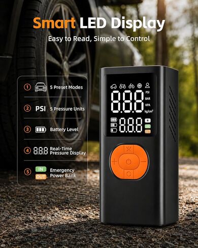 Tire Inflator Portable Air Compressor for Car Tires, 150 PSI Cordless Portable Air Compressor with Digital Pressure Gauge, Auto Shut-Off, LED Emergency Light for Roadside Emergencies in Kuwait