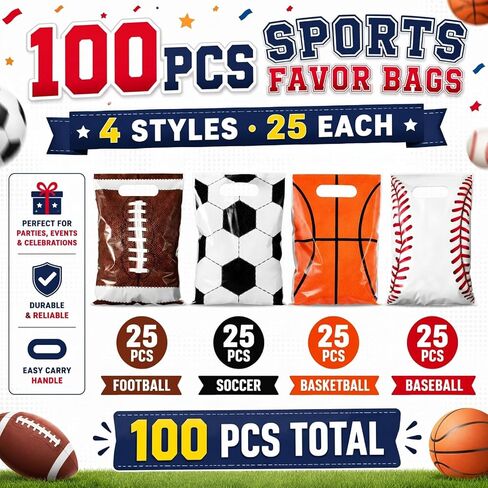 100 Pcs Sports Party Favor Bags Football Candy Gift Bags, Plastic Goodie Treat Wrap Bags Bulk with Handles for Soccer Baseball Basketball Football Theme Event Gift Bag Birthday Supplies Decorations in Kuwait