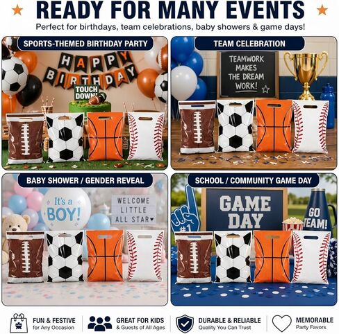 100 Pcs Sports Party Favor Bags Football Candy Gift Bags, Plastic Goodie Treat Wrap Bags Bulk with Handles for Soccer Baseball Basketball Football Theme Event Gift Bag Birthday Supplies Decorations in Kuwait