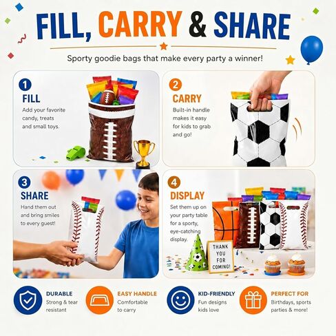 100 Pcs Sports Party Favor Bags Football Candy Gift Bags, Plastic Goodie Treat Wrap Bags Bulk with Handles for Soccer Baseball Basketball Football Theme Event Gift Bag Birthday Supplies Decorations in Kuwait