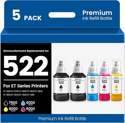 Remanufactured Replacement for 522 ET-2800 Ink Refill Bottles for Epson EcoTank Printer Ink ET-2800 ET-2803 ET-4800 ET-2720 ET-2400 Eco Tank ET2800 ET 2800 (5 Pack,2 Black Cyan Magenta Yellow) in Kuwait