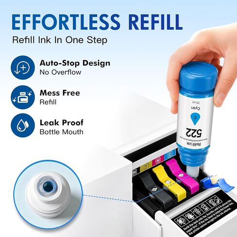 Remanufactured Replacement for 522 ET-2800 Ink Refill Bottles for Epson EcoTank Printer Ink ET-2800 ET-2803 ET-4800 ET-2720 ET-2400 Eco Tank ET2800 ET 2800 (5 Pack,2 Black Cyan Magenta Yellow) in Kuwait